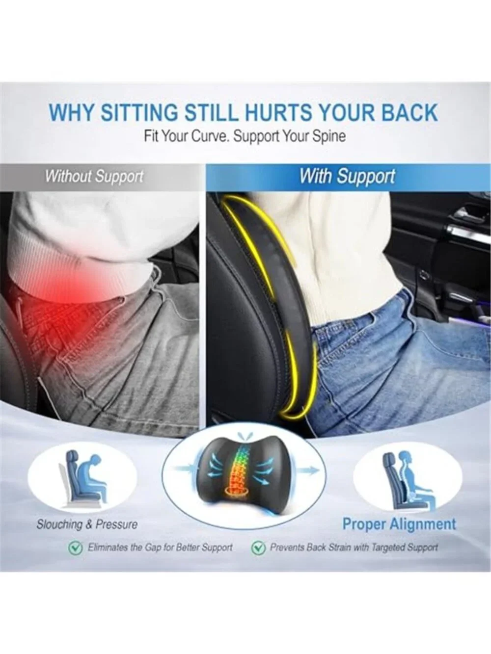 Lumbar Support Pillow Memory Foam Back Cushion Office Chair Car Seat Black
